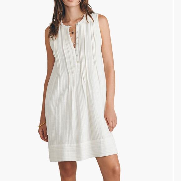 Faherty Isha Pintuck Organic Cotton Pleated Sleeveless Shift Dress Large White - Picture 1 of 15
